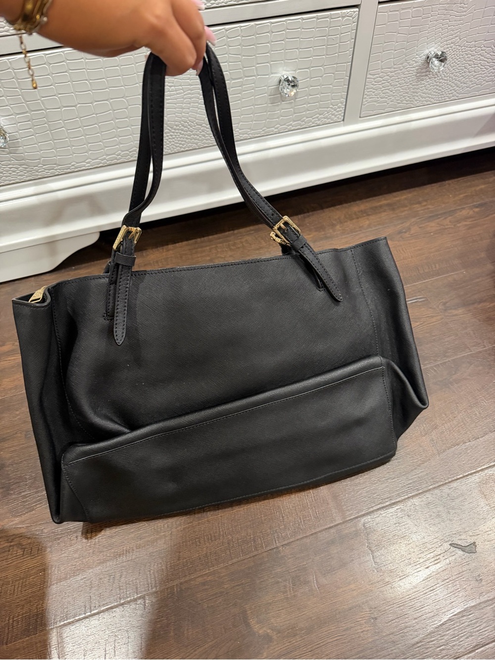 Tory Burch Black Leather Tote with Gold-Tone Hardware